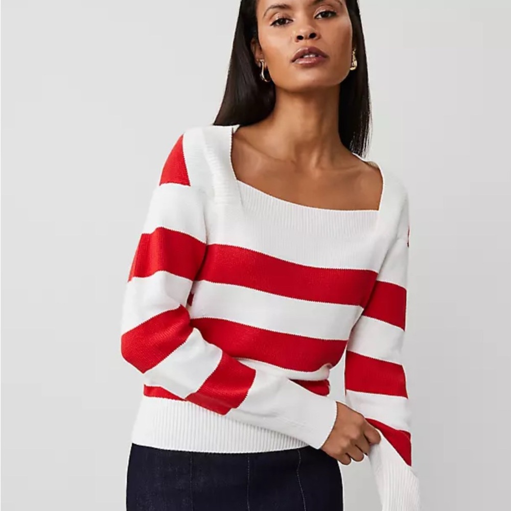 Ann Taylor Red and White Striped Crew Neck Sweater